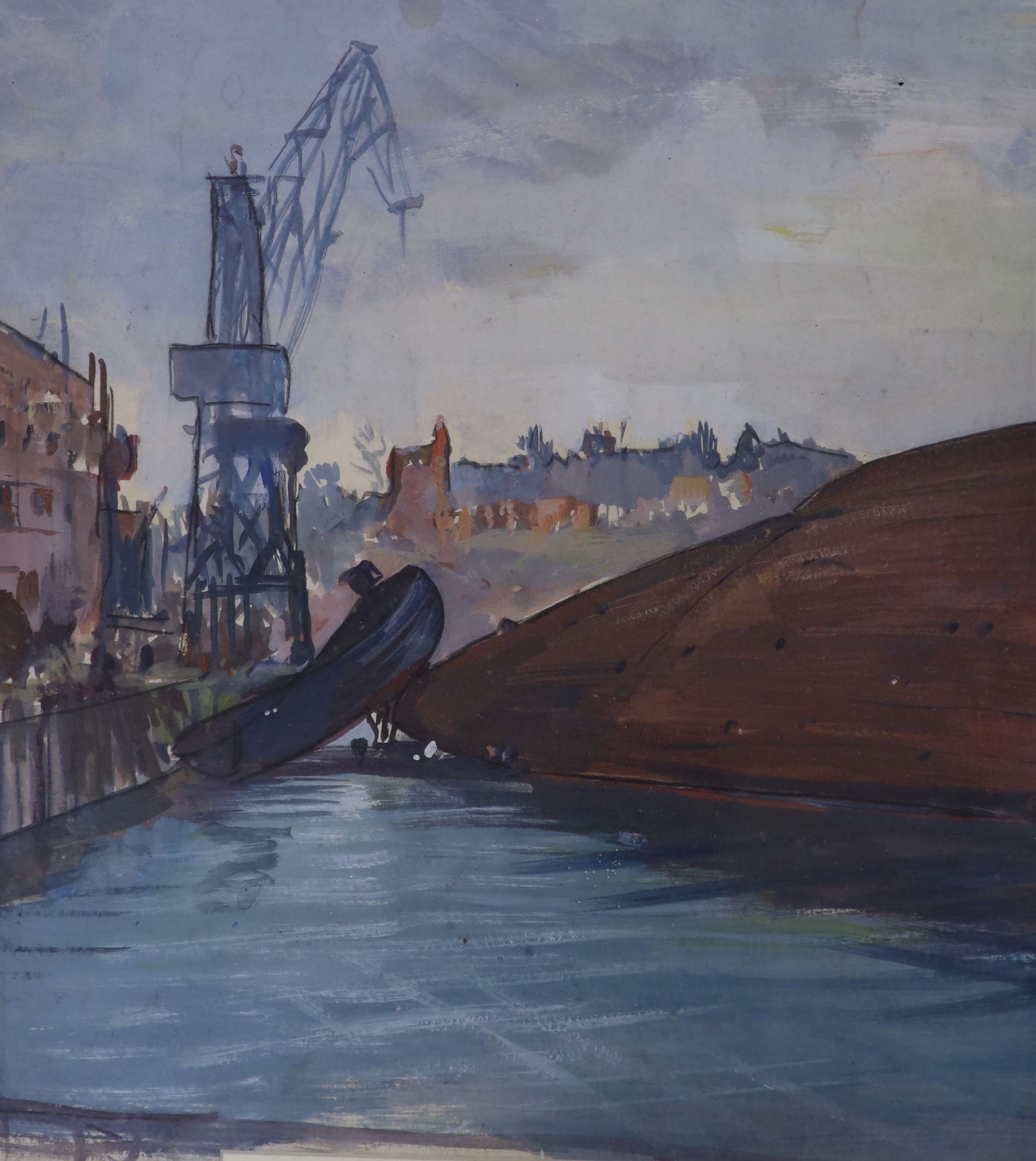 Charles Cundall (1890-1971), watercolour, Dockyard scene, unsigned, 34 x 32cm